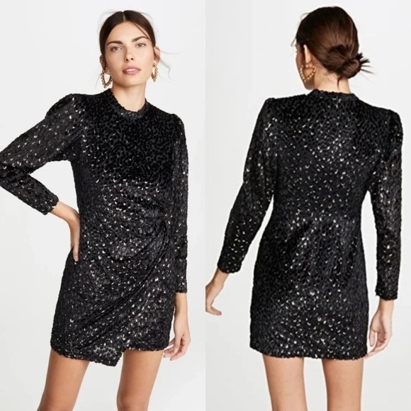 A.L.C. New Jane Velvet Long Sleeve Black Metallic Gold Mini Dress Size 14 - Picture 13 of 13